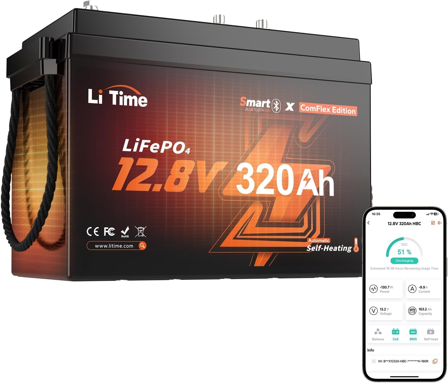 LiTime Batterie Lithium 12V 320Ah CAN/RS485 avec Bluetooth pour Camping-Car