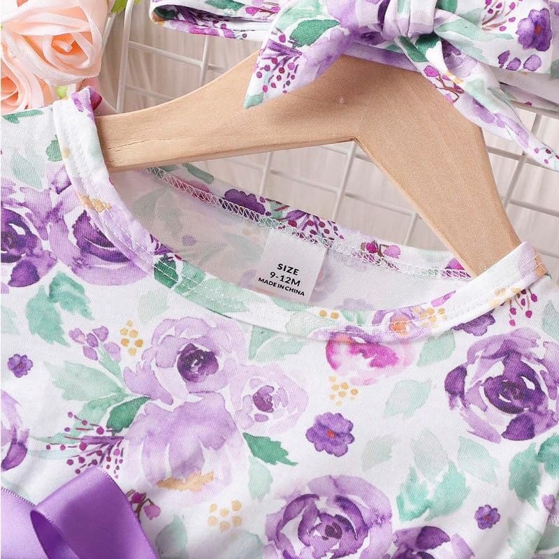 Image of Niren Enterprise Long Sleeve Printed Flower Belted Round Neck Baby Girl Frock with Knee-Length and A-Line Style