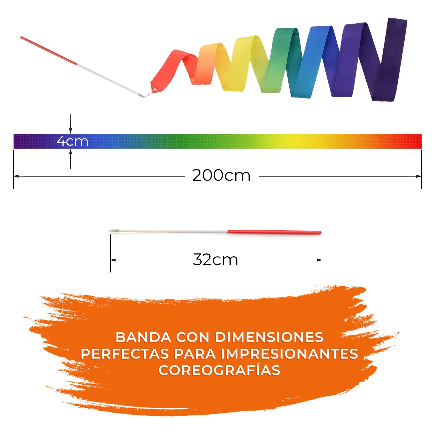 Kleintober Banda de gimnasia de alta calidad con varilla, para niños, arco iris, banda de baile con instrucciones de imágenes para ejercicios, regalo óptimo para niñas