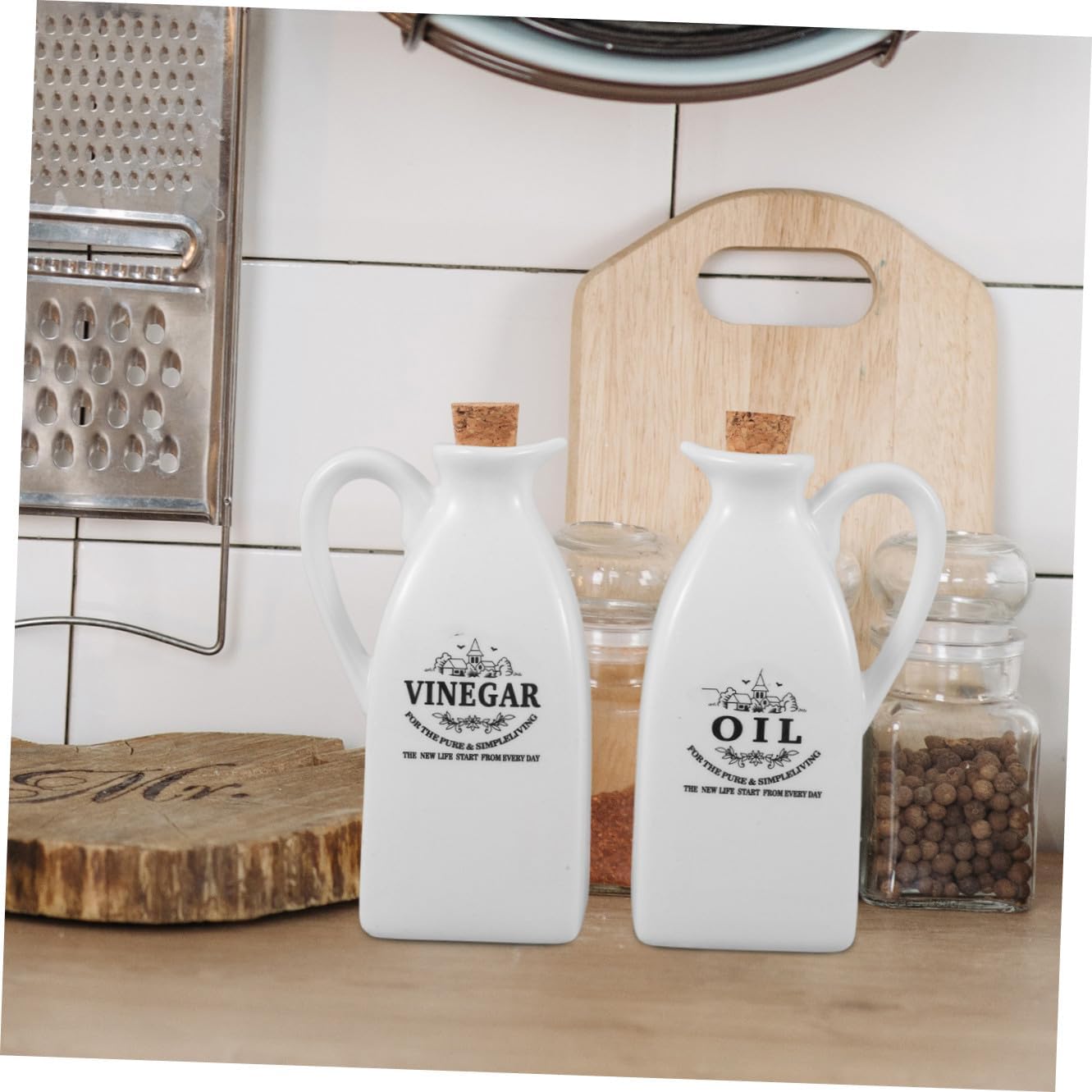 INOOMP 4pcs Ceramic Oil and Soy Sauce Dispenser Set with Tray Multi-function Seasoning Storage Container for Kitchen Practical Bottles for Condiments and Vinegar