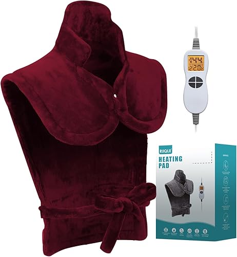 Ruqiji Almohadilla de calefacción de cuello y hombros y espalda de 26 x 35 pulgadas con tecnología de calentamiento rápido y 6 ajustes de