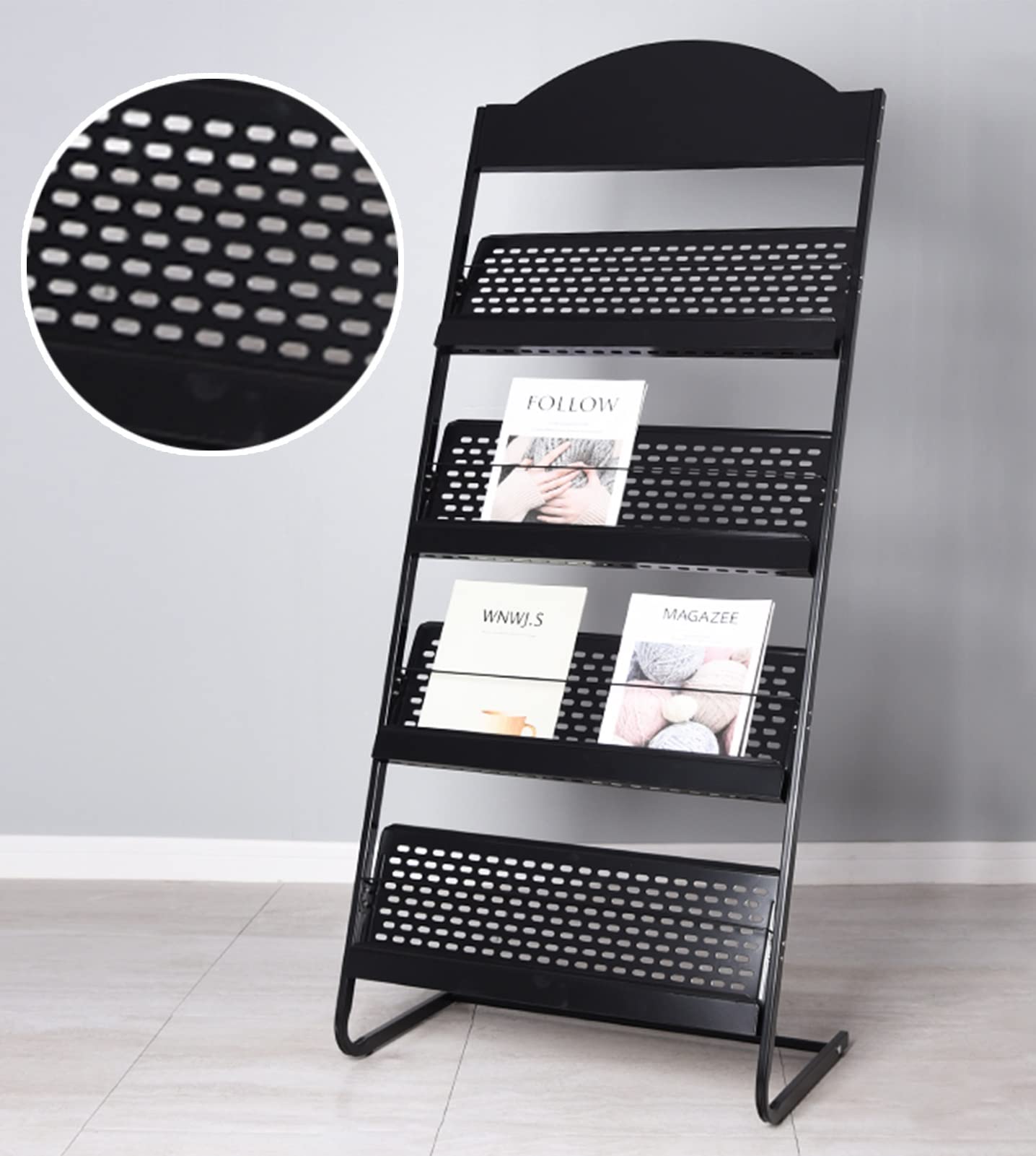 Revistero de metal de pie negro/blanco, soporte de exhibición de literatura para ventas de oficina y organización de periódicos.