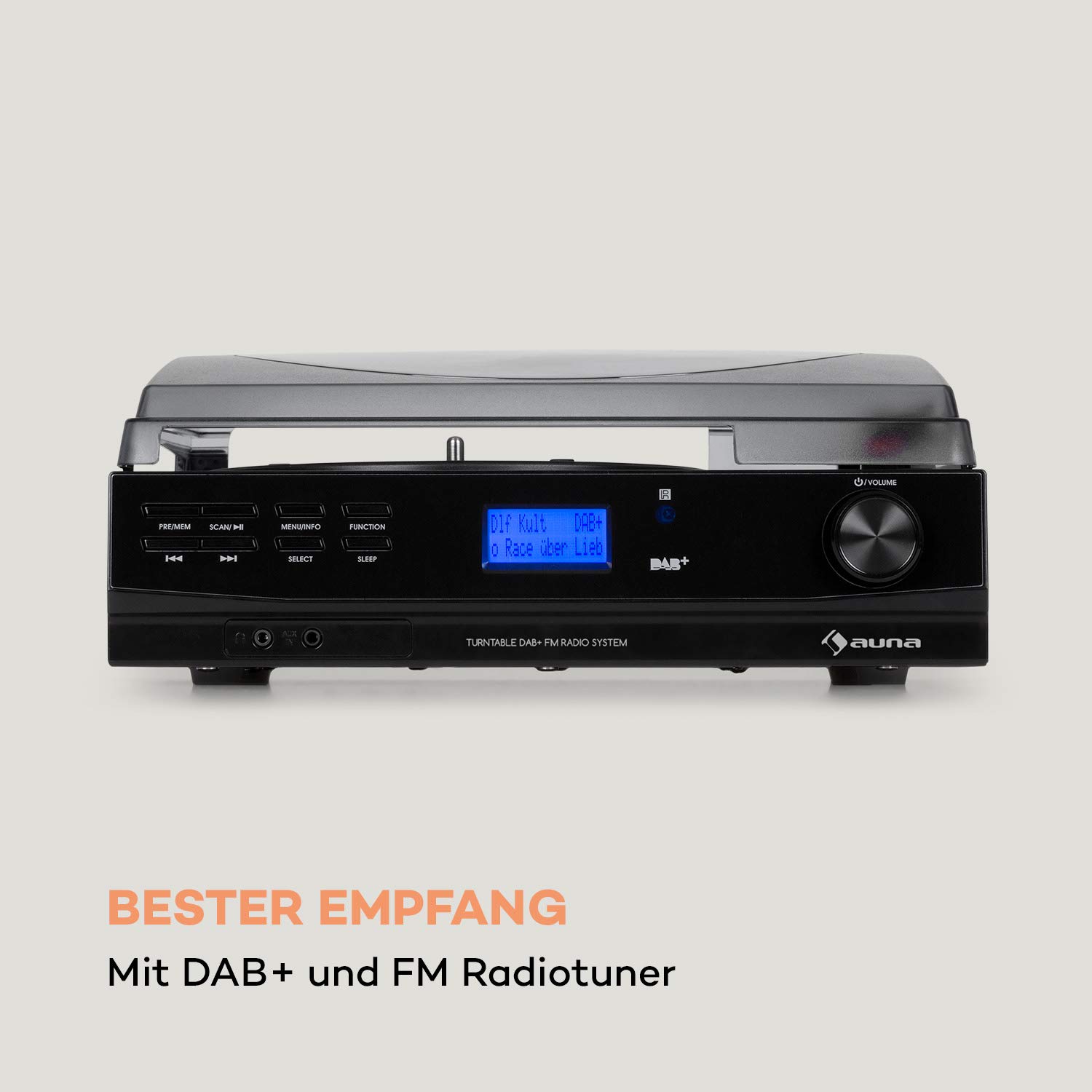 auna TT-186 DAB Plattenspieler - DAB+, FM Radio, Bluetooth-Funktion, Riemenantrieb mit 33, 45 U min, AUX-Eingang, Line-Ausgang, Schlaffunktion, inkl. Kopfhörer-Anschluss