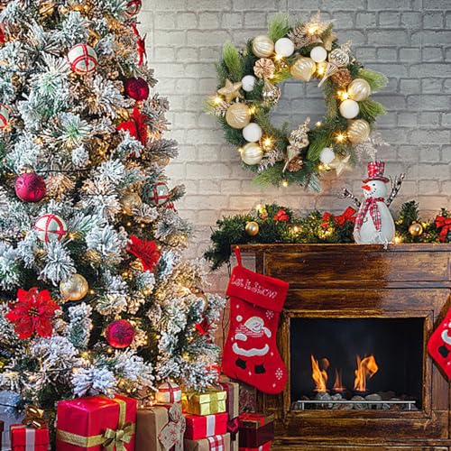 Christmas Wreath with Lights, 24in Xmas Wreath for Front Door, 20LED Artificial Wreath Decorated with Pine Cone Ball, Winter Holiday Decoration Indoor Outdoor