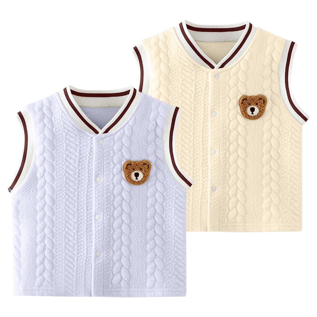 Gilet Rembourrés Sans Manches épais en Coton pour Bébé Garçon Filles, Lot de 2 Tout-petits Veste Matelassé d'hiver Gilet en peluche sans manches fille avec Motif Ours Brodé 6 mois -3 ans