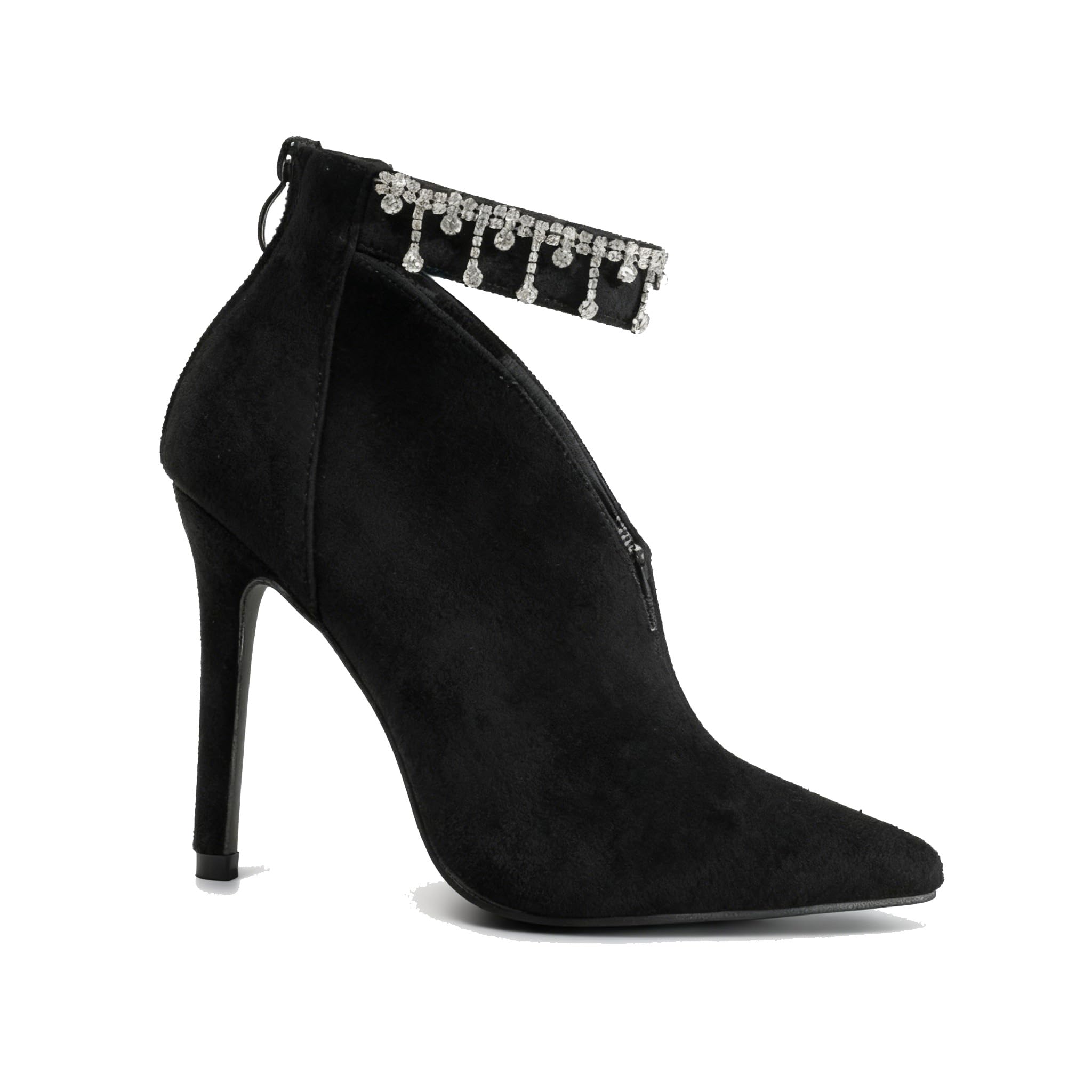 Womens Suede V Cut Stilettos Ankle Boots with Rhinestones Ankle Strap Fashion Pointed Toe Comfort Back Zip Non-Slip
