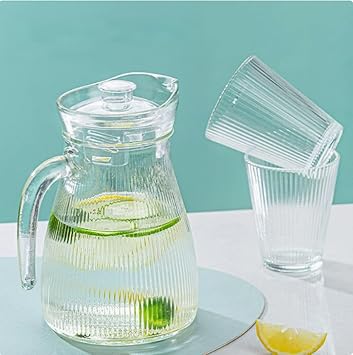 Elegant Water Jug with 2 Glasses Set | 3 Piece Glass Water Serving Set | Transparent Juice & Beverage Pitcher with Handle | Home & Kitchen Drinkware Set