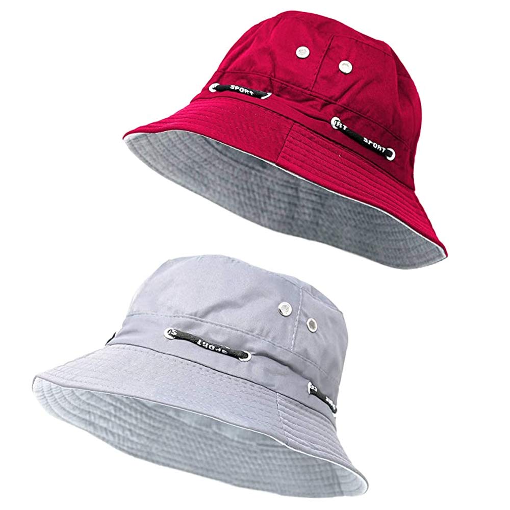 JMP Solid Unisex Bucket Hat Sport Round Brim Boonie Bush Safari Fishing Hiking Cap Summer-(Maroon & Grey)-(Pack of 02)-picture-10