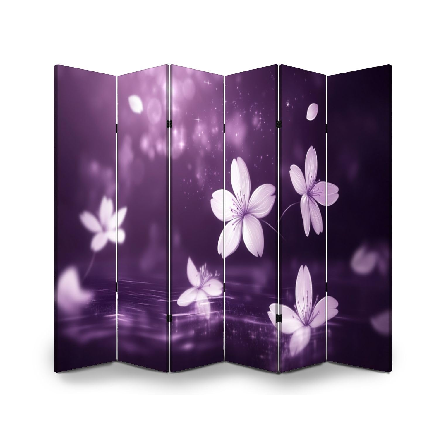 Wood Screen Room Divider Otherworldly White Cherry Blossoms Purple Canvas Folding Screen Canvas Privacy Partition Panels Dual-Sided Wall Divider