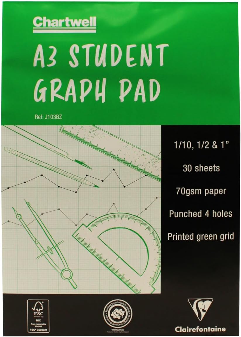 Clairefontaine Chartwell Graph Pad, 1/10, 1/2 & 1", A3, 30 Sheets - Green Cover