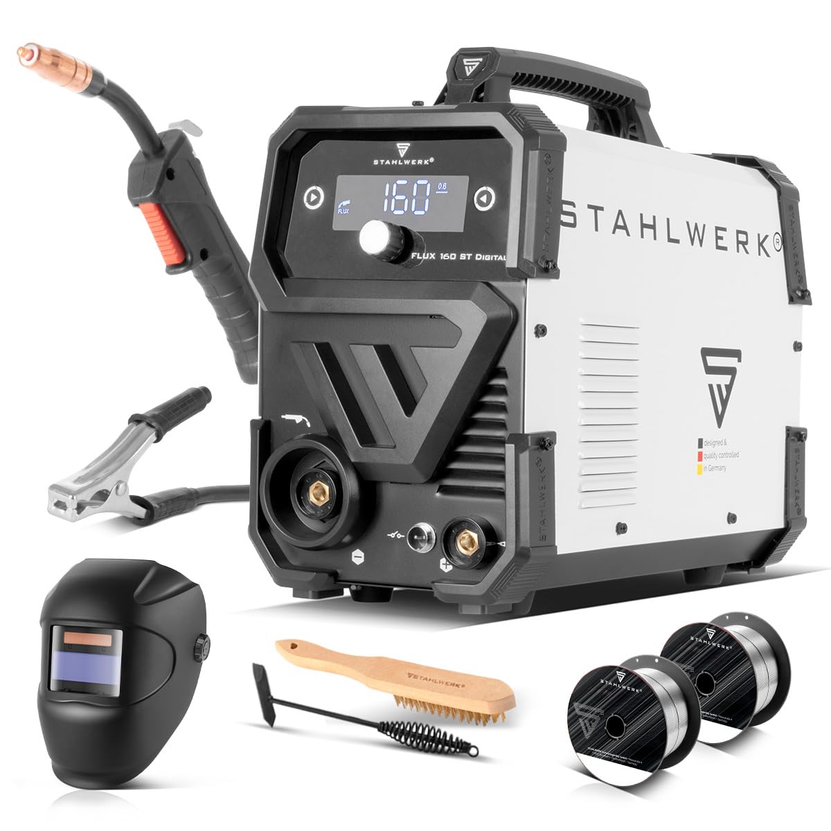 STAHLWERK FLUX 160 ST Digital Welder Starter Set - 3 in 1 Combination Welding Machine with 160 A, Welding with Hollow Wire Without Protective Gas, MMA (Electrode), Lift-TIG (DC), Synergic Wire, LED