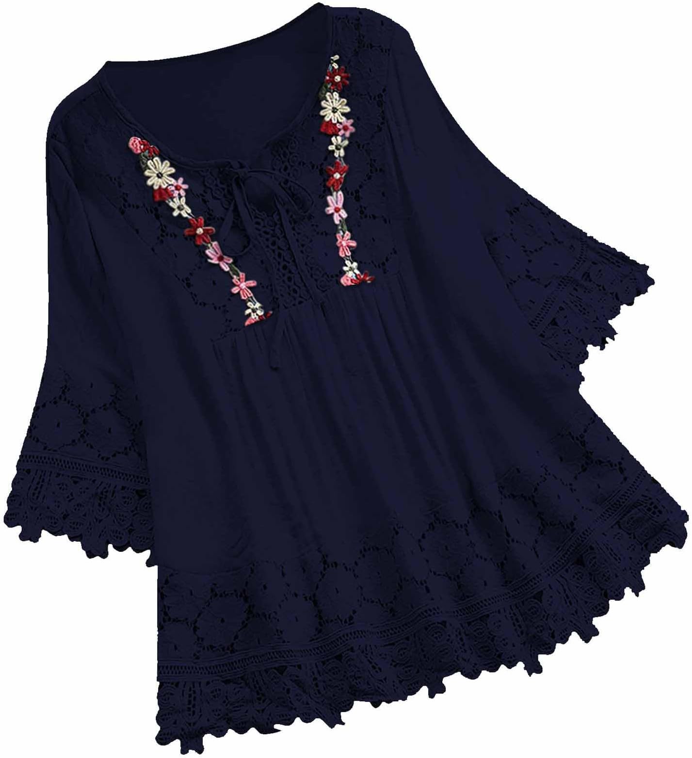Women Cotton Linen Embroidered Tops Loose Fit Tunic 3/4 Sleeve Summer Blouse Shirts Boho Peasant Trendy Clothes 2024