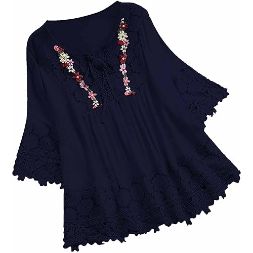 Women Cotton Linen Embroidered Tops Loose Fit Tunic 3/4 Sleeve Summer Blouse Shirts Boho Peasant Trendy Clothes 2024