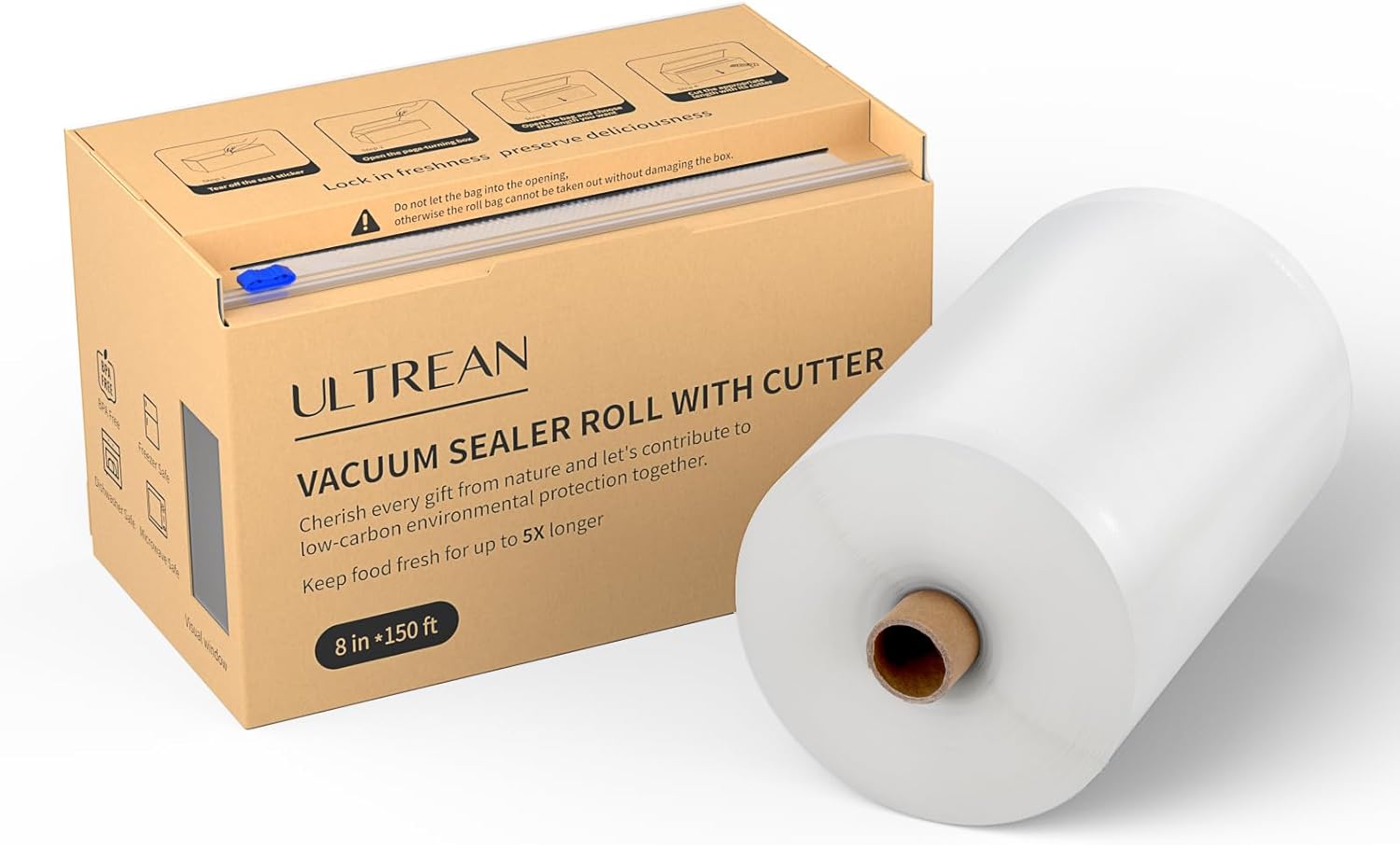 Ultrean 8" x 150' Vacuum Seal Roll Keeper with Cutter, Commercial Grade Vacuum Sealer Bags for Food Saver,BPA Free,Ideal for Storage,Meal Prep and Sous Vide