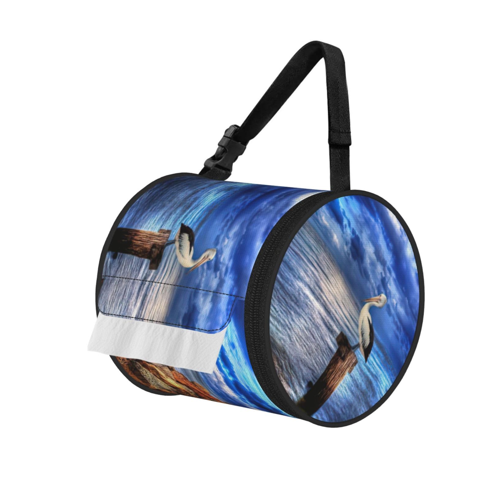 Pelican Birds Blue Sea Sky Printed Hanging Tissue Organizer, Smooth Zipper Oxford Cloth Roll Holder for RV Bathroom Desk
