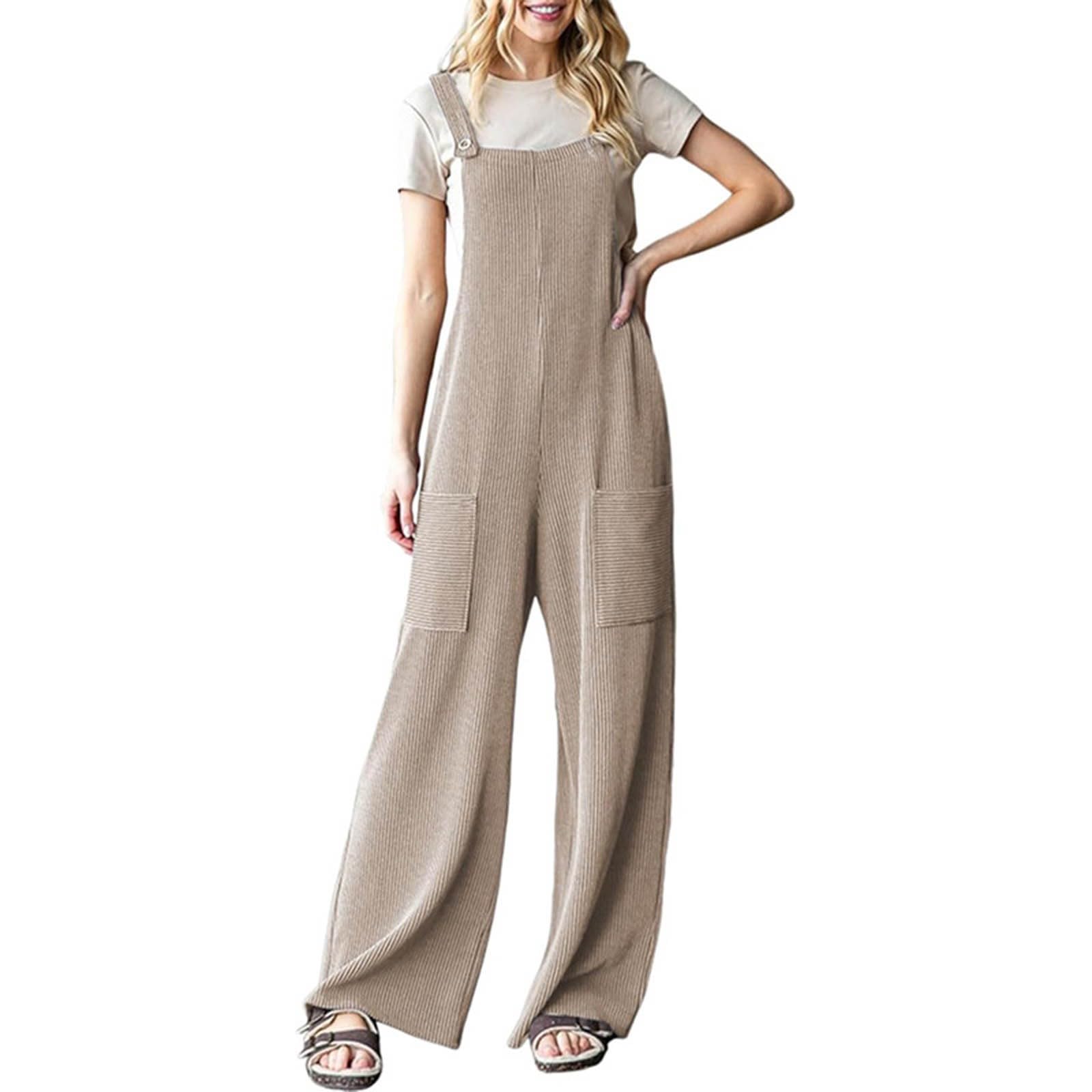 Tuta estiva da donna, lunga, larga, sportiva, elegante, salopette, da lavoro, casual, tinta unita, con tasche