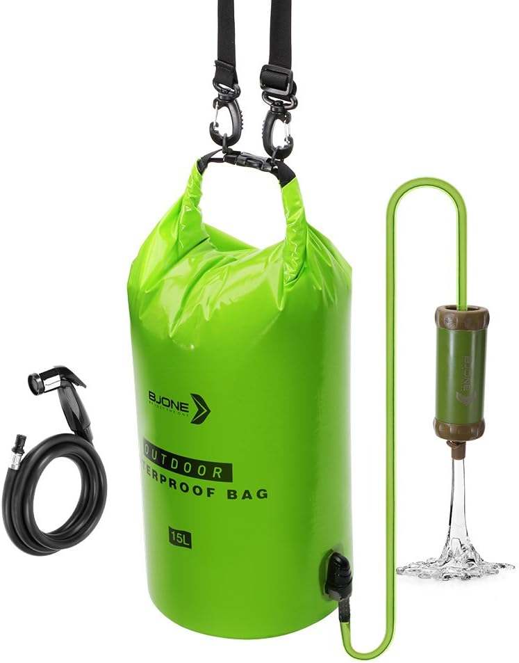 BJONE 15L Gravity Filter with Water Bag Gravity-Fed Water Purification System High-volume Water Purifier with a Shower for Camping, Backpacking, Traveling and Outdoor Activities. (Green)