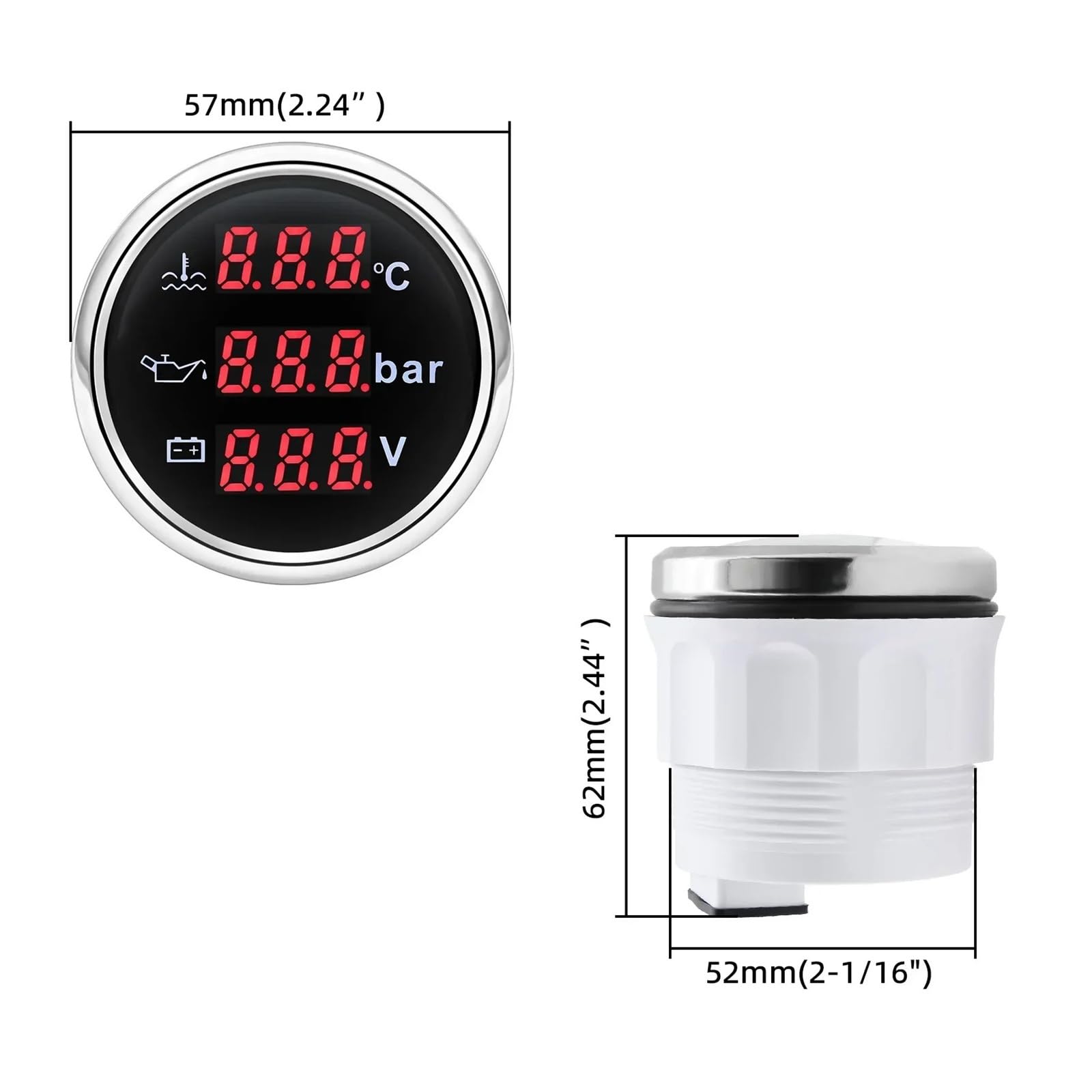 3-in-1-Wassertemperaturanzeige, Öldruckanzeige, Voltmeter, 52-mm-Multifunktionsmessgerät mit roter Hintergrundbeleuchtung Klares Lesen(Black silver)