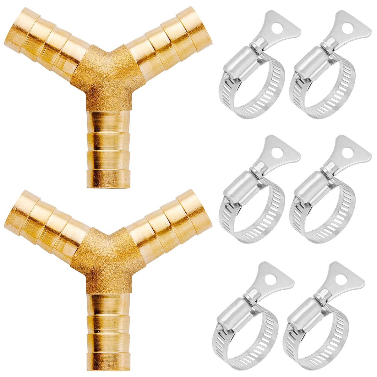 DAOKI 2PCS 3/8 Inch(10mm) Brass Barb Splicer Fitting Y-Type 3 Way Barb Splicer Mender Union Adapter for Water/Oil/Gas with 6PCS Hose Clamp