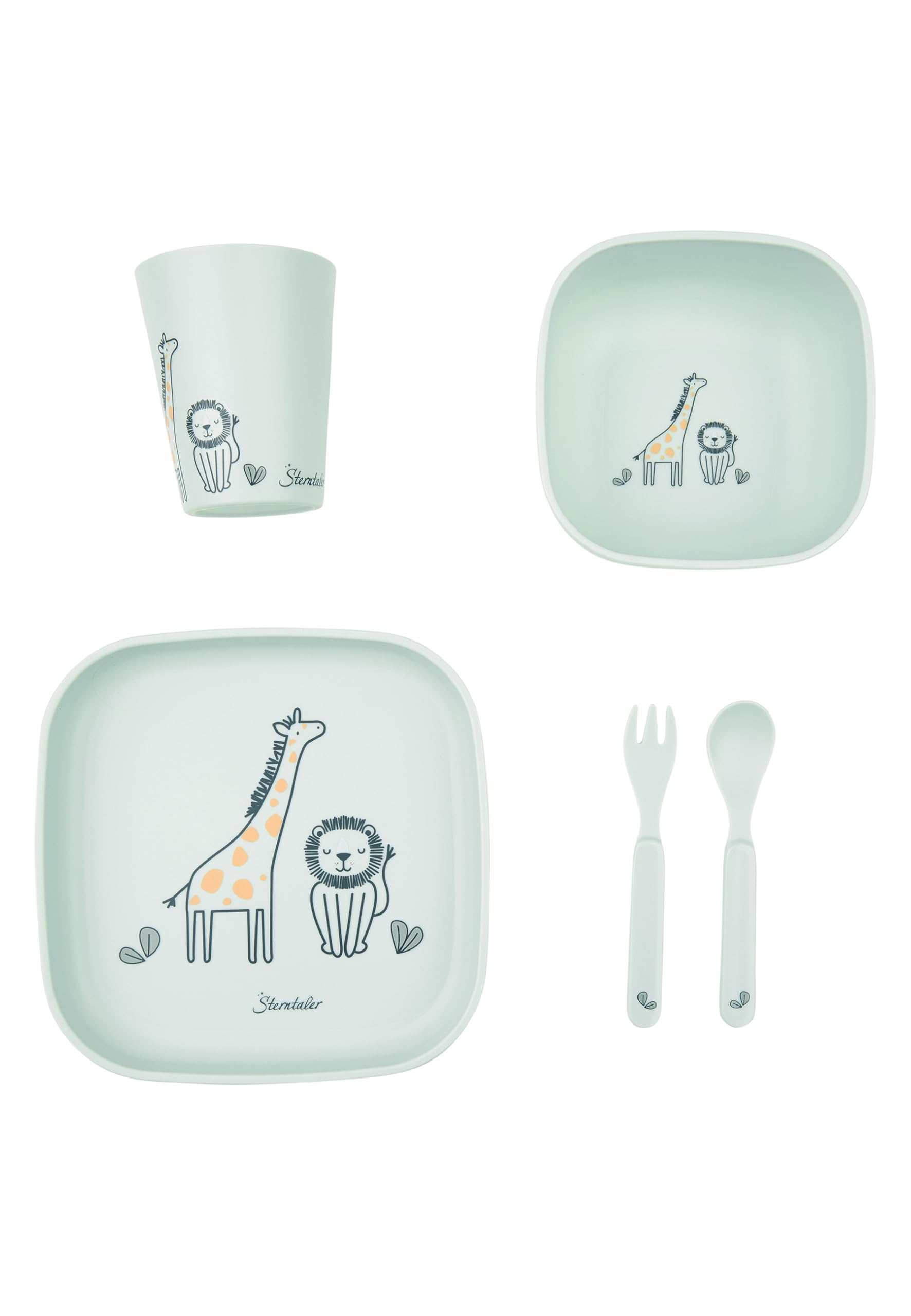 Sterntaler Juego de vajilla de jirafa y león – forma cuadrada con diseño de safari – plato, cuenco, taza y cubiertos, duradero, apto para alimentos, para bebés y niños pequeños, color verde pálido