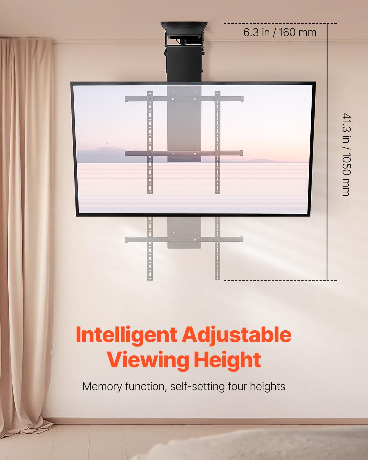 VEVOR Soporte de Techo Motorizado para Televisores de 813 a 1778 mm, Soporte Plegable Ajustable Eléctricamente Compatibilidad Máxima de Montaje VESA de 60 x 60 cm para Televisores de hasta 50 kg