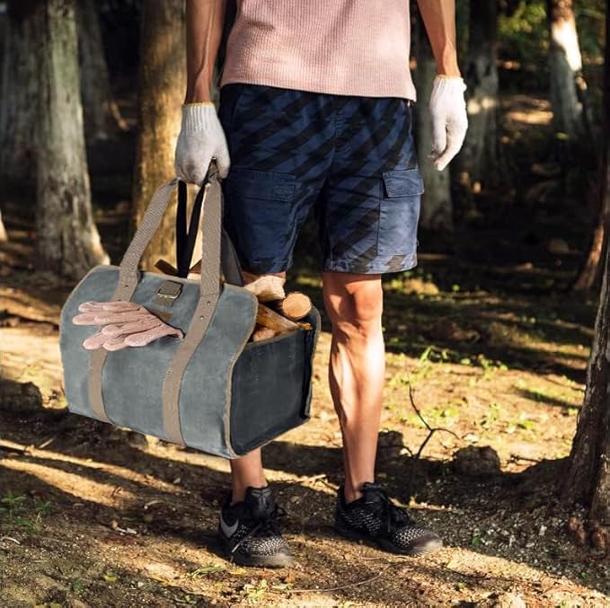 Haegs Fermuarlı Ağır Hizmet Çantası, 2in1, Şömine Odun Çantası, Waxed Kanvas, Yakacak Kütük Taşıma Depolama Çantası [Şömine Odunluk Kamp Ateş Çukuru Odun Sobası Malzemeleri Çantası] - Timsah Yeşili