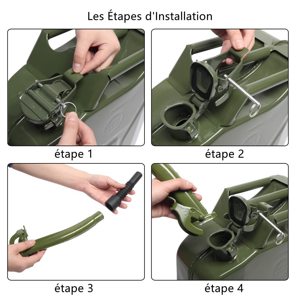 Bonnlo Bidon pour carburant en métal 20L avec bec verseur, bidon étanche carré en métal pour essence avec bec verseur, accessoire d'automobiles (vert, 20L-Type 1)