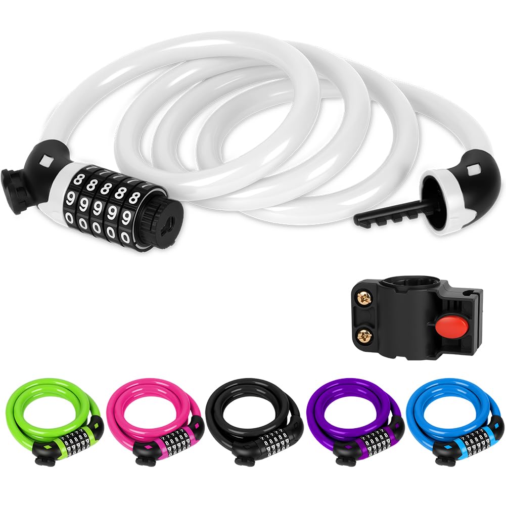 Ainiv Bike Lock, High Security 5-Digit Combination Coiling Cable Lock, 1.2mx12mm, Heavy Duty Bike Lock with Mounting Bracket, for Bike, Motorbike, Scooter, Gate, Fence, White