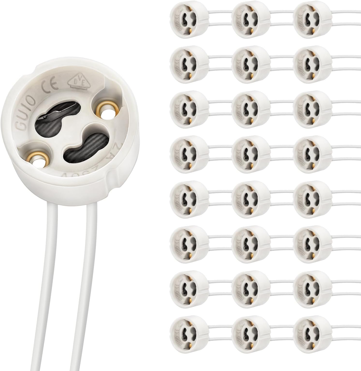 DiCUNO GU10 Base Socket, 600℃ Heat Resistant Maximum 250V 300W, Ceramic Lamp Holder and Silicon Wire Connector 25 Packages