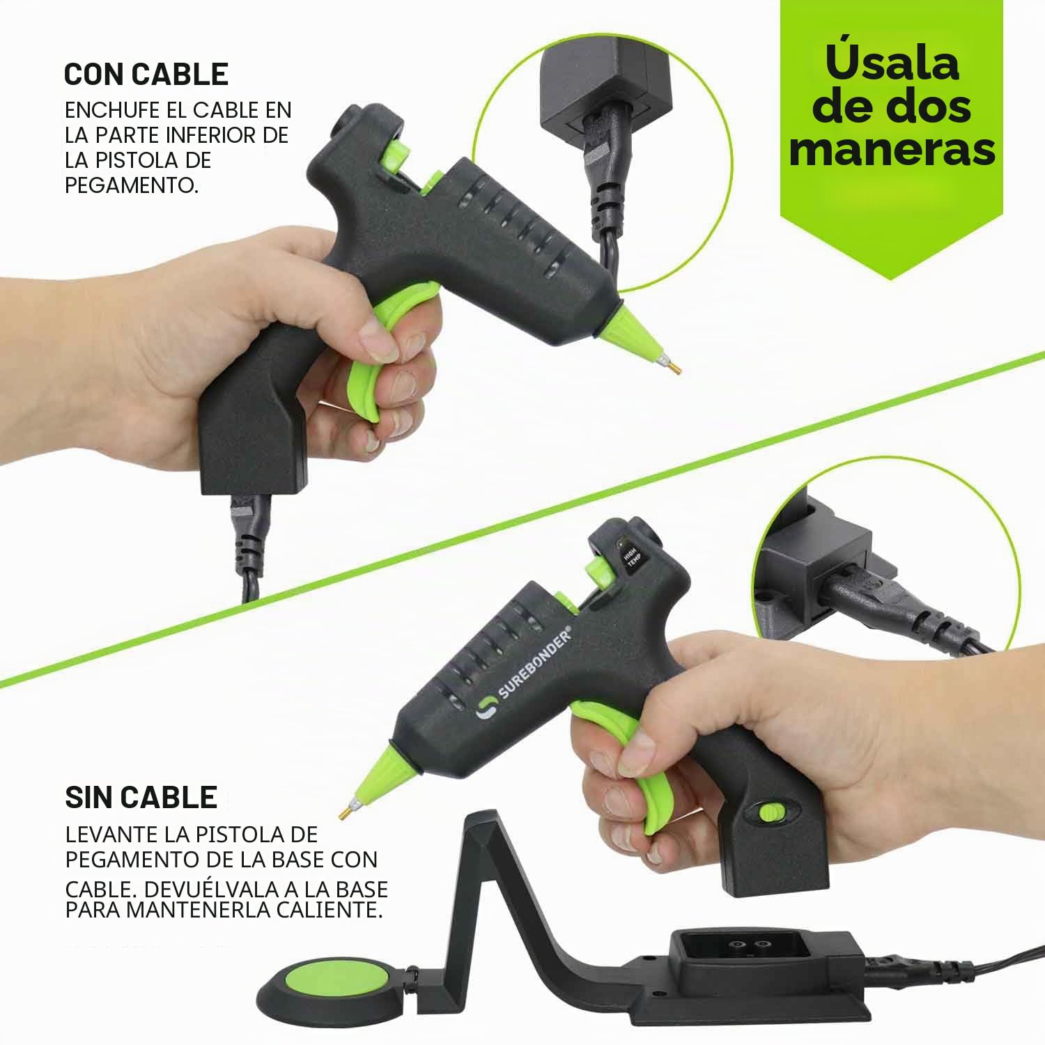 Surebonder Pistola de pegamento mini inalámbrica 20 vatios - Negro - Detail - Perfecto para proyectos detallados y bricolaje - Con punta de detalle extendida y seguridad integrada