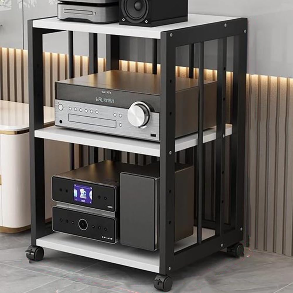 Nowoczesny stojak audio HiFi – 5-poziomowa szafka do przechowywania z ruchomą półką na gramofony czarno-biały, idealny do sprzętu do gier i konsoli, funkcje hamulców dla łatwej mobilności