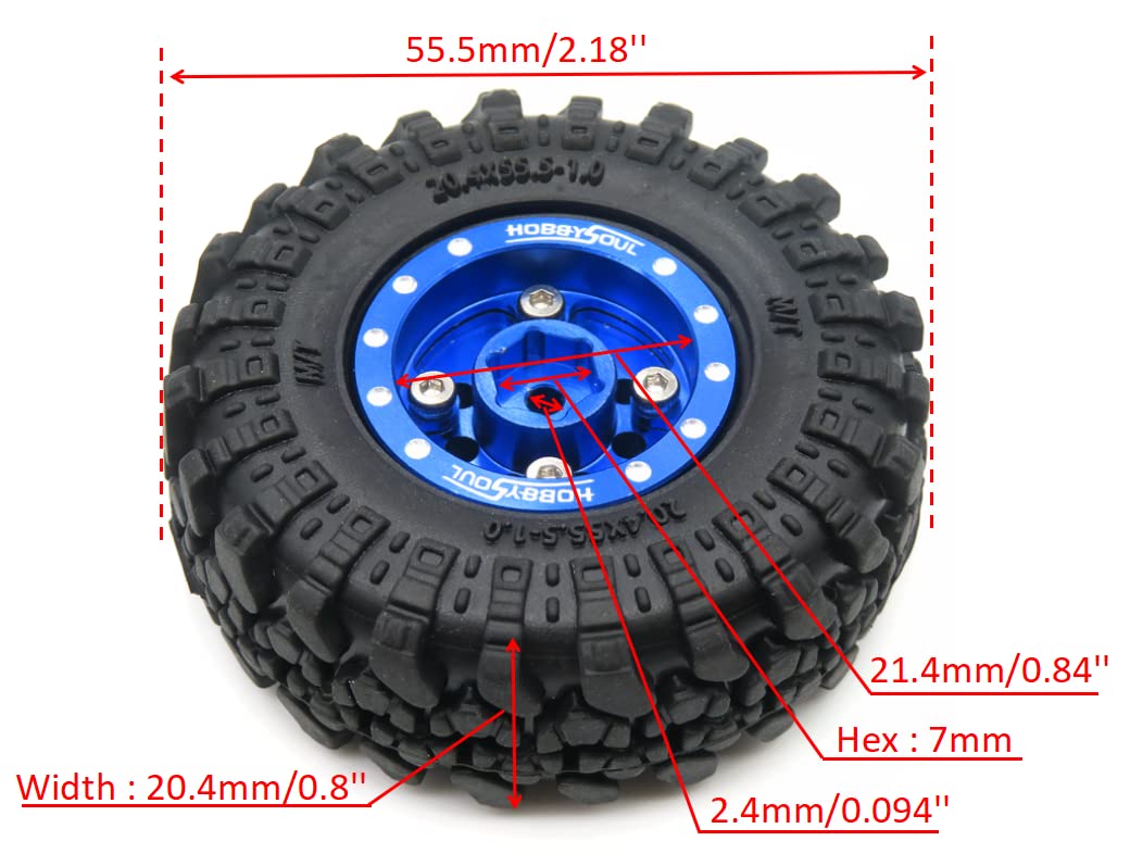 hobbysoul 1/24 Reifen montiert auf schweren verstellbaren Offset 1,0 Beadlock Rädern blau, 7mm Sechskantfelgen 1,0 Beadlock-Räder und Reifen für 1/18 TRX4M 1/24 RC Crawler Axial SCX24, (4er-Pack)
