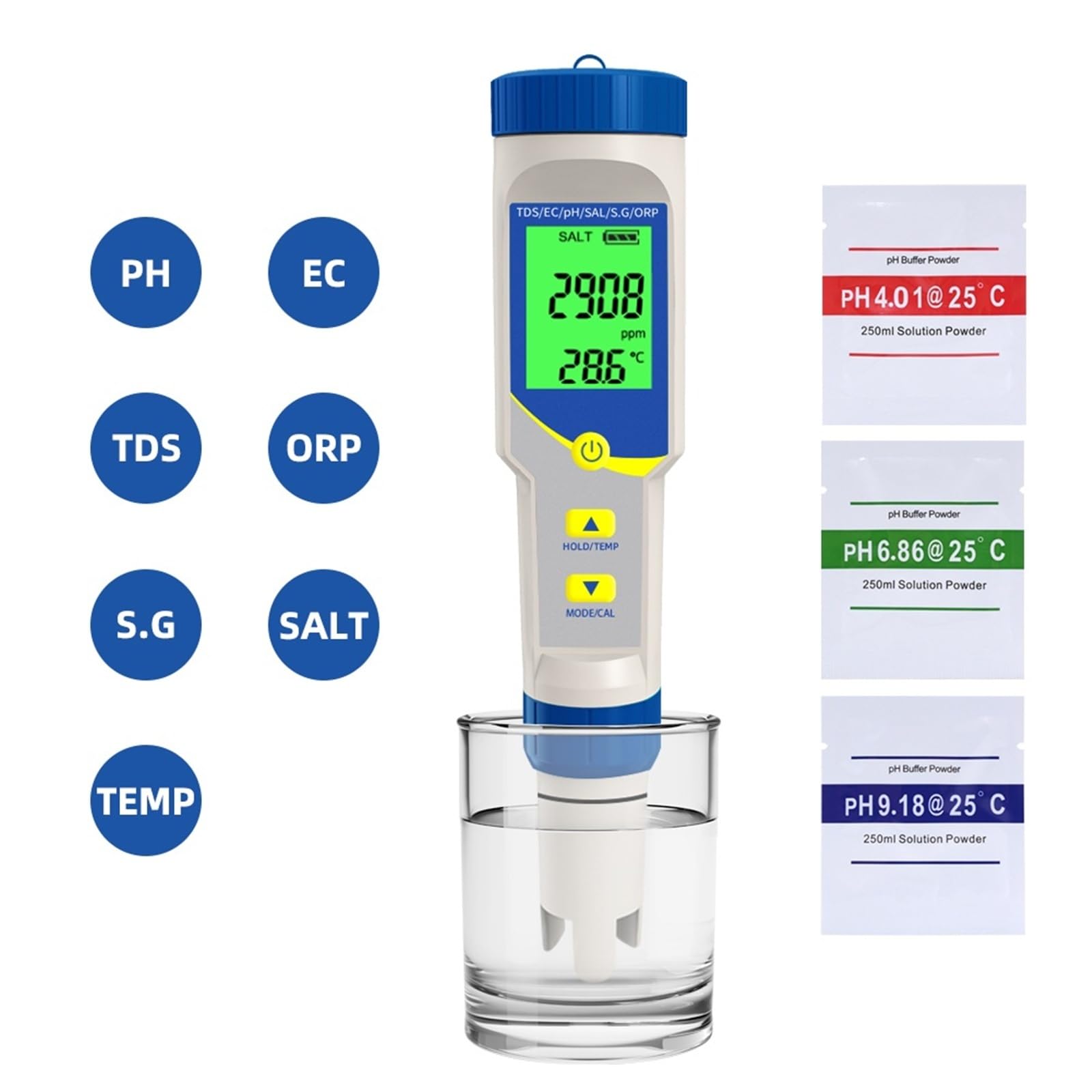 Testeur de pH 7 en 1, résolution 0,01, haute précision, TDS, EC, ORP, ppm, salinomètre for piscine, aquarium d'eau salée, hydroponie, Analyse de qualité instantanée