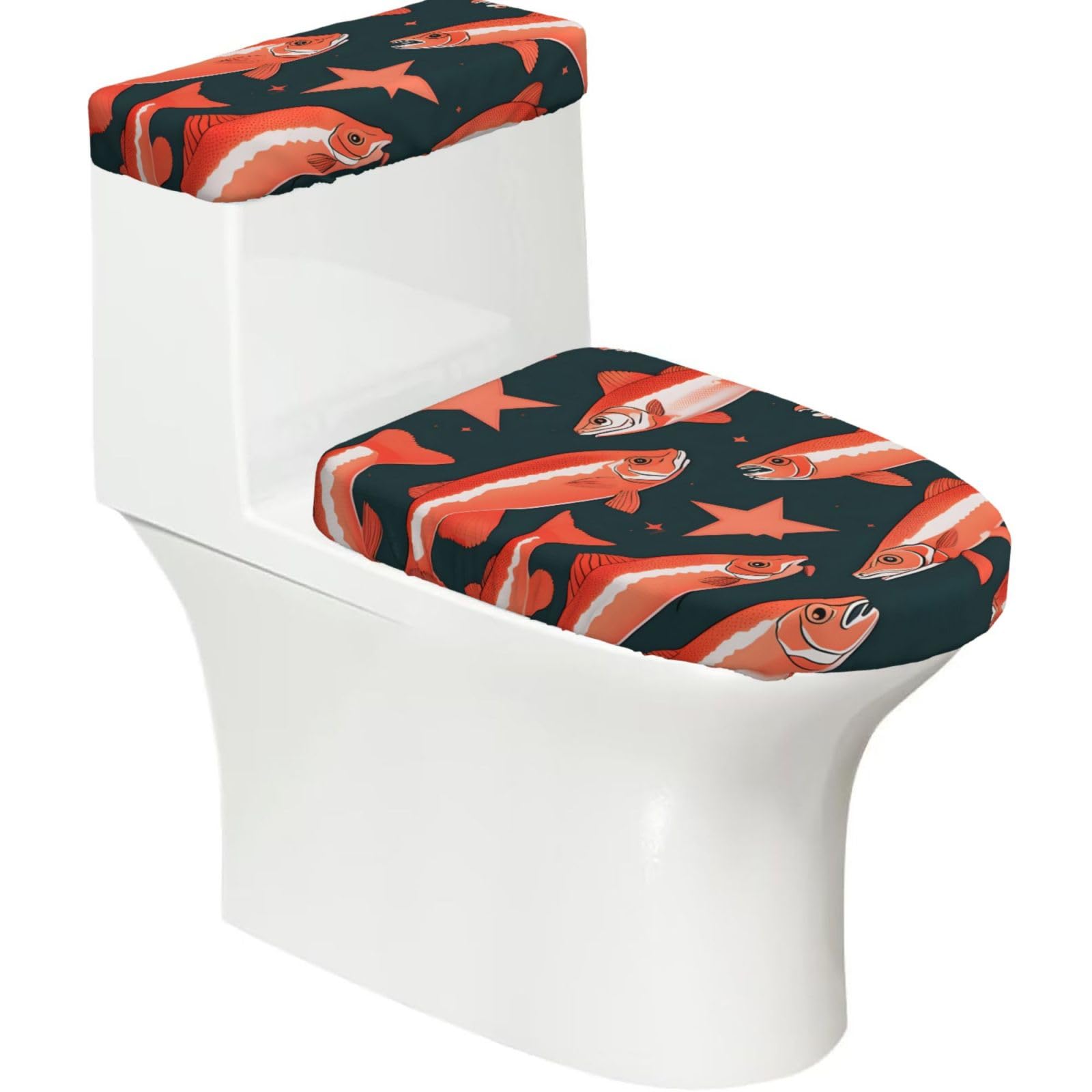 Salmon Printed Toilet Tank and Lid Cover Set of 2 for Most Bathrooms, Fits Elongated Round Toilets