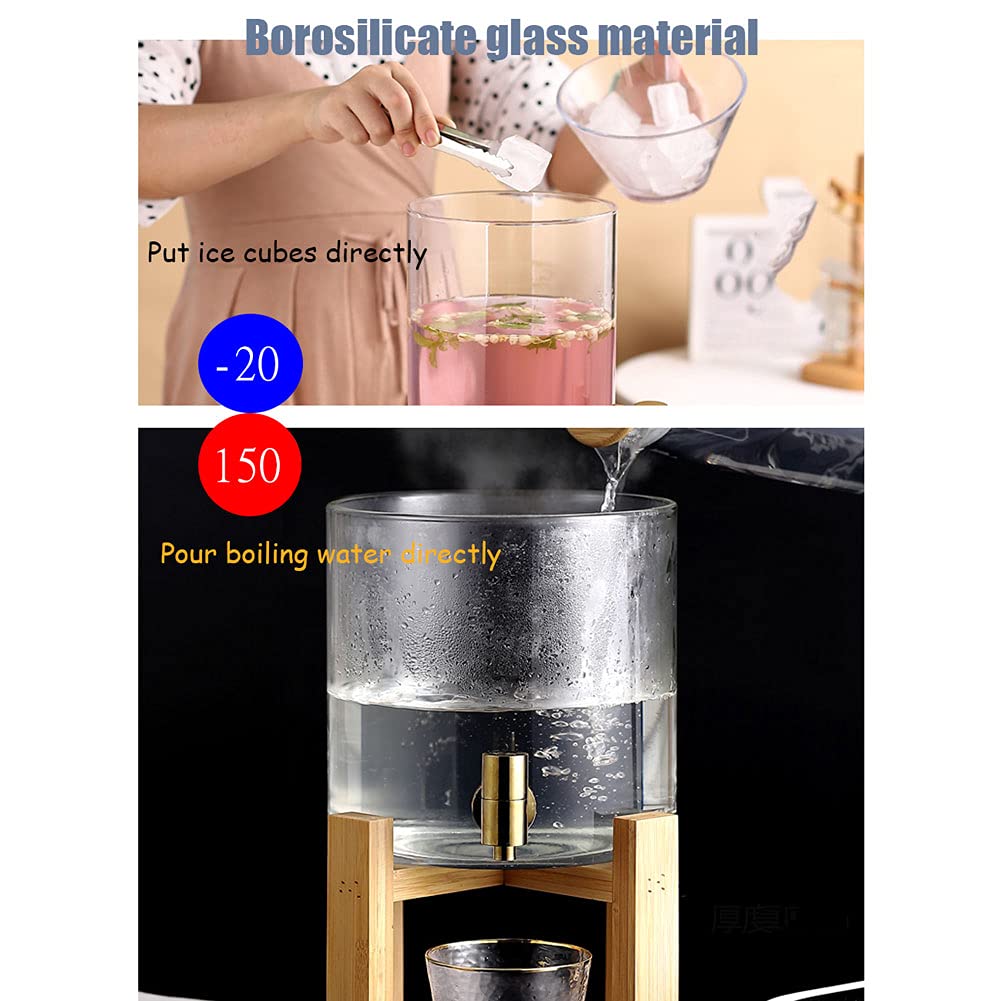 Distributeur de Boisson en Verre 5L/7.5L, Fontaine à Boisson avec Robinet et Support, Distributeur de Jus de Fruit avec Couvercle et Anse Verre à Boisson pour Boisson Chaude Froide