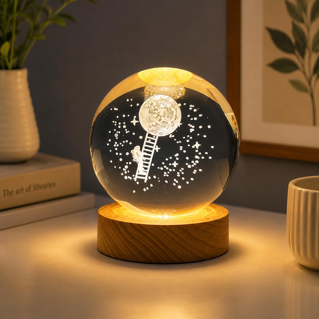 Classic Creation Crystal Ball Night Light 3D Glass Sphere LED Lamp with Wooden Base Crystal Sphere Table Lamp for Bedroom, Living Room, Office Desk, Home Decoration & Birthday Gift-image-33
