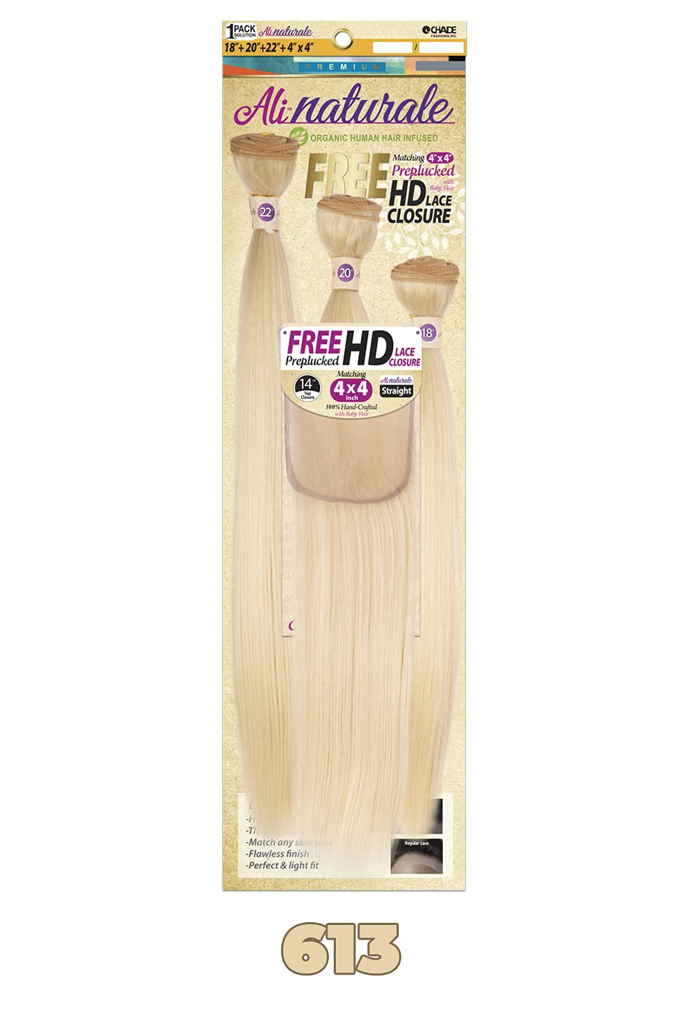 Chade Fashions Ali Naturale Weave Straight 18", 20", 22" + HD 4X4 Closure Human Hair Blended 1 Pack Solution - AN344S5 (613)