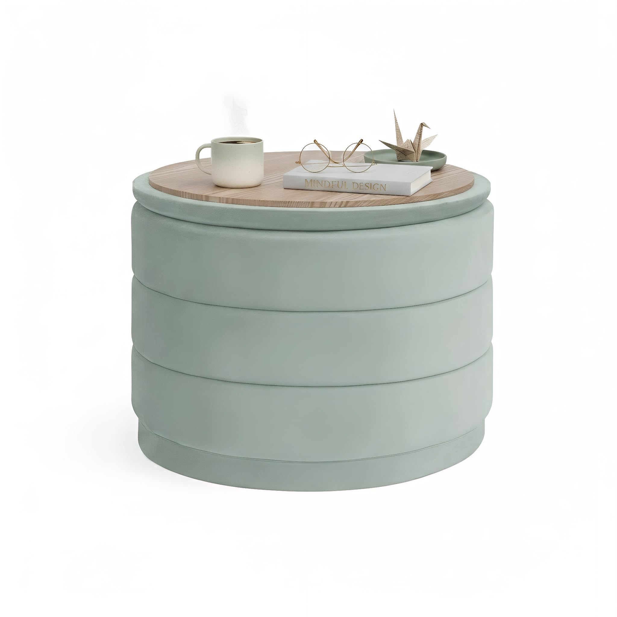 Photo 1 of B FSOBEIIALEO Round Velvet Storage Ottoman with Tray, Sage