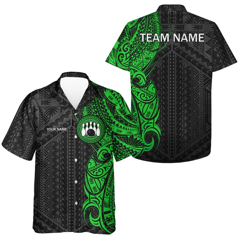 Custom Bowling Shirts, Bowling Jerseys for Men, Hawaiian Shirt for Men, Black and Green Tribal Pattern Hawaiian Bowlers Shirt Custom Team Bowlers Button Up Shirts, Button Down Clothes with Team Name