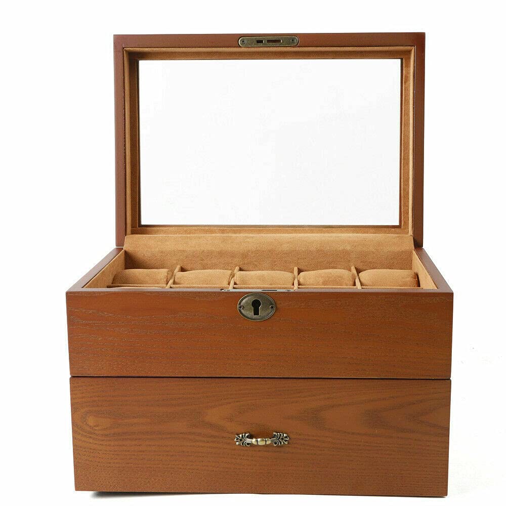 20 Slots 2-lagige Uhren Holz Uhrenbox Schmuckschrank Schmuckkoffer Glasdeckel mit Schublade und Schloss Schaufenster Safehappy