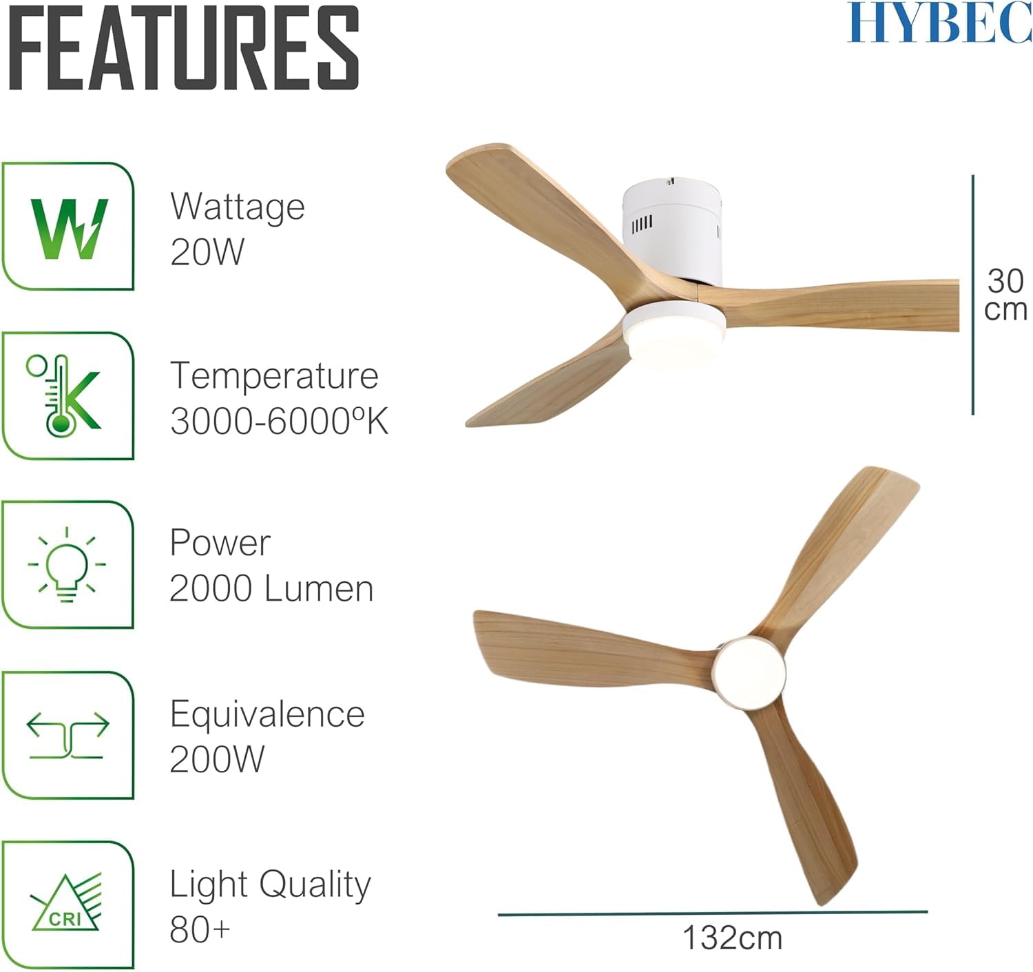 Duży wentylator sufitowy 132 cm z oświetleniem LED 20 W | cichy silnik prądu stałego | 3 łopatki z naturalnego drewna | sterowanie czasowe i funkcja zimowa/lato | nowoczesny design bez drążka