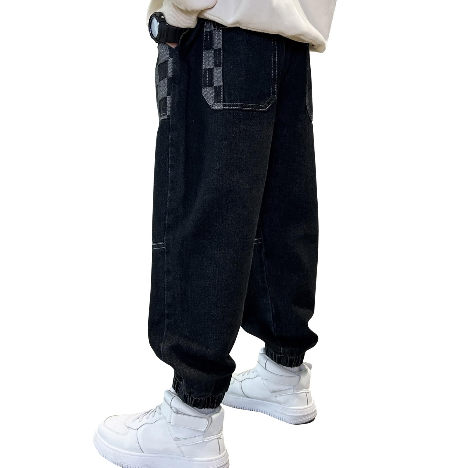 MEILONGER Baggy Jeans chłopięce dziecięce elastyczne spodnie ze stretchem w talii, modne spodnie jeansowe