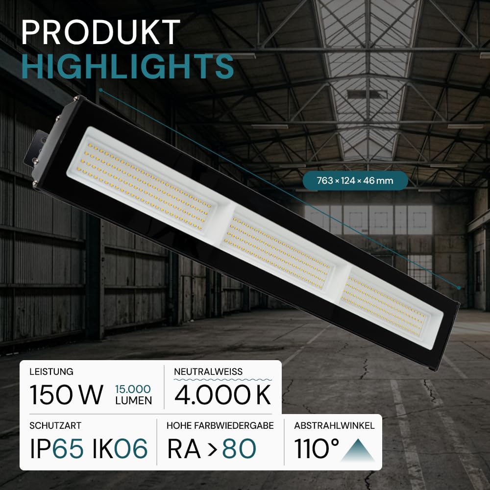 LUXULA Basic LED Hallenstrahler 150W 4000K Neutralweiß 15000lm IP65 IK06 - Industrie Deckenleuchte - Linear High Bay Hallenleuchte, Werkstattlampe, Garagenleuchte, Hallenbeleuchtung, Lager