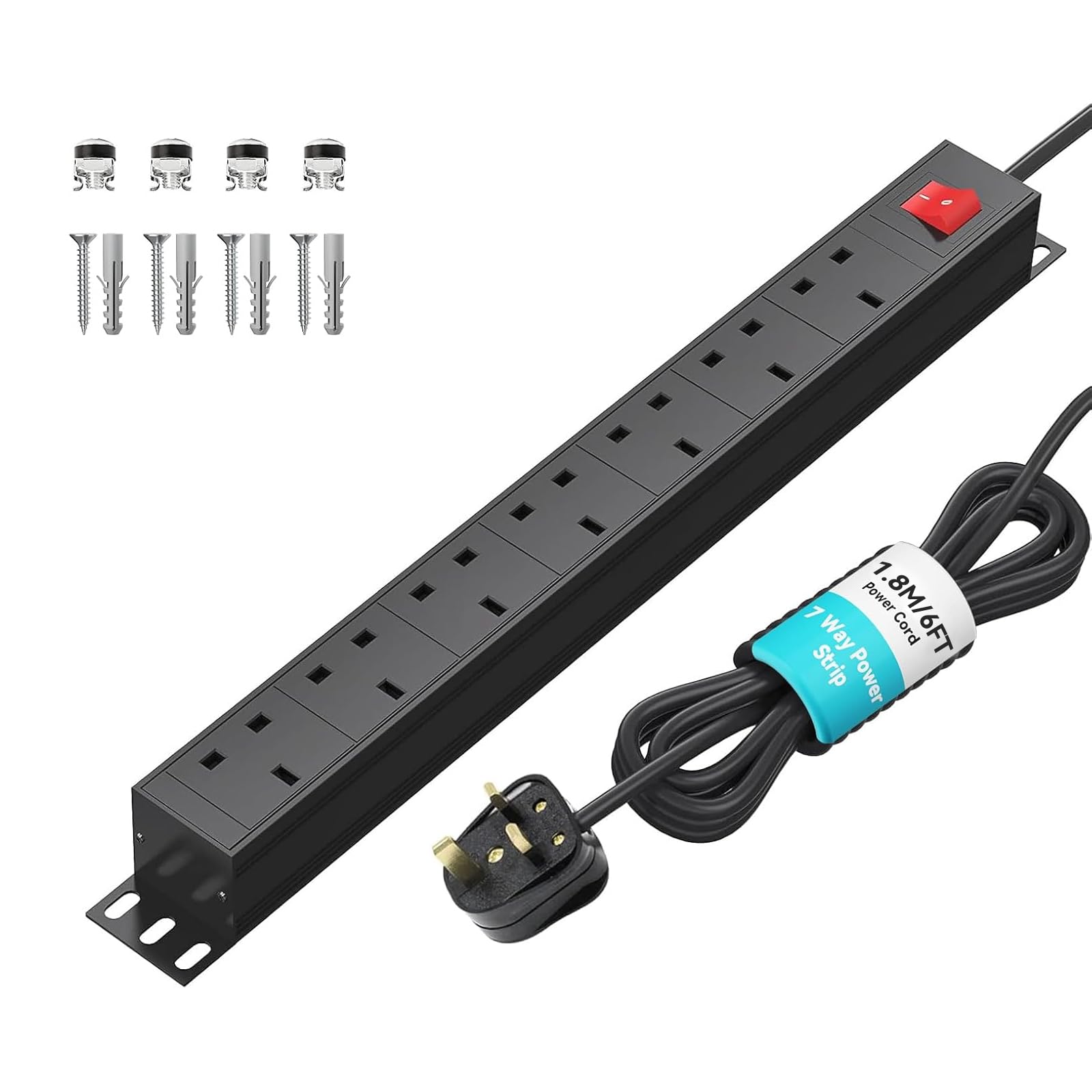 Extension Lead Surge Protection 7 Way Power Strip with Switch, Multi Plug Socket Horizontal 13amp PDU Power Distribution Unit, Rack Mount Power Outlets Wall Mount Power Strip, 1,8M Cable