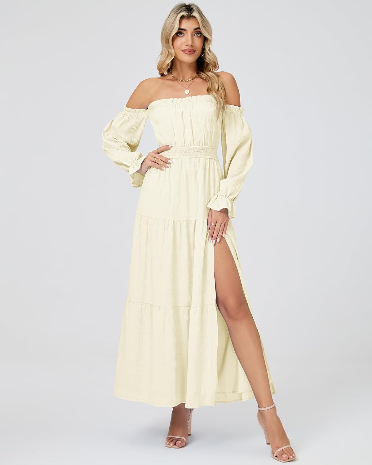 Women Boho Maxi Dress Sexy Off Shoulder Long Sleeve Smocked Flowy Dresses A Line Tiered Sundress Slit Wedding Dress - Image 2