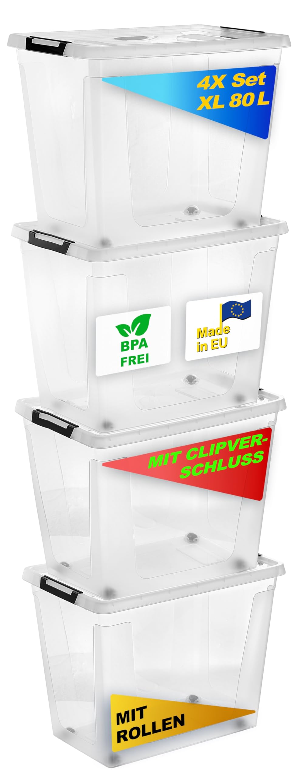 Gardissimo Aufbewahrungsbox Clip 4er Set 80 Liter transparent | Mit Deckel und Rollen, Kunststoff Stapelboxen, Clip-Verschluss, MADE IN Europe, BPA-frei