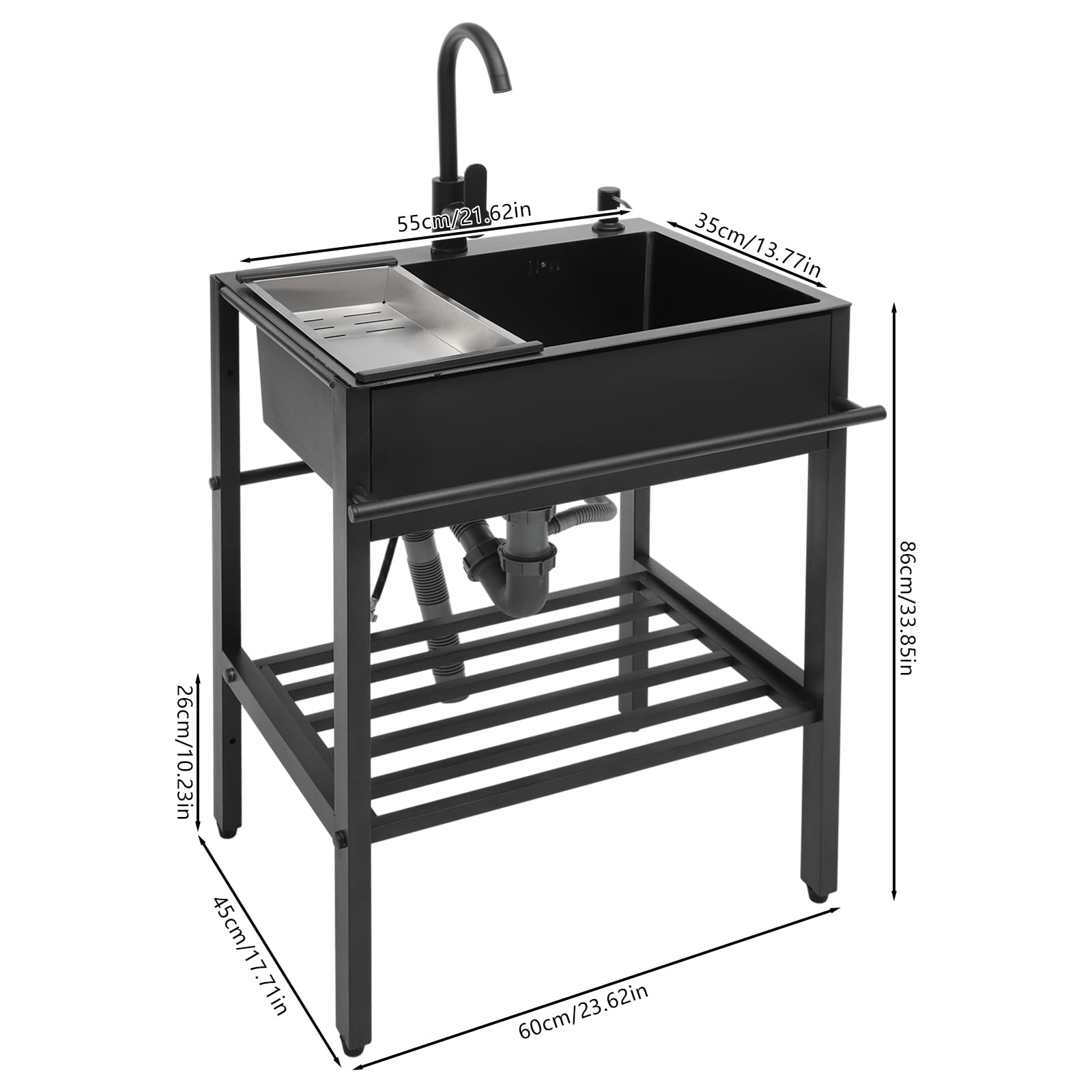 Freistehende Edelstahl Spültisch, Mobile Spüle mit Wasserhahn, 1 Becken Spühlbecken mit Arbeitsplatte und untere Ablage für Außen, Innen, Küche, Restaurant, Schwarz