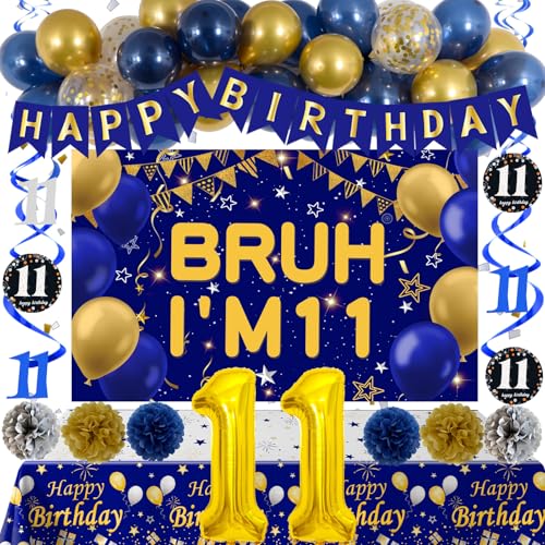 11th Birthday Decorations for Boys 66PCS 11 Year Old Boy Birthday Decorations Blue Gold Bruh Im 11 Birthday Backdrop Happy Birthday Banner Number 11 Balloons Tablecloth Party Decorations Supplies