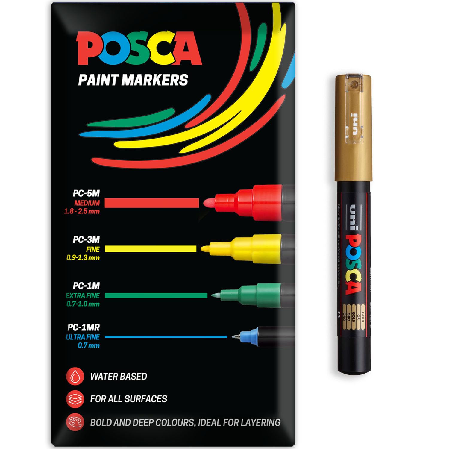 Posca Water Based Acrylic Paint Marker Pens | Multi Surface Use Permanent Paint Pen | Pack of 1 in Envelope Gift Packaging | Glass, Fabric, Canvas, Wood etc | PC-1M, Gold