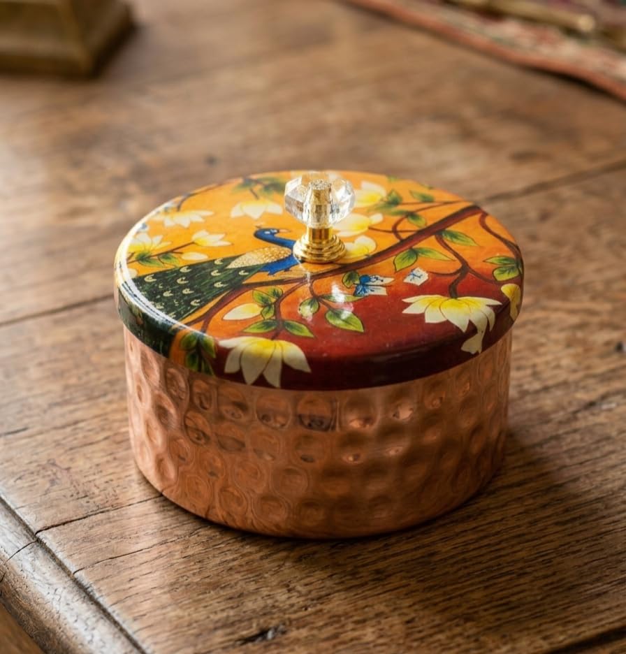 Hammered Copper Storage Box with Painted Peacock Lid, Crystal Knob, Round, 11x6 cm-image-25